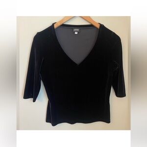 Vintage Y2K Jacob Black Velvet V-Neck Top Blouse 90s M Fitted Stretch Retro